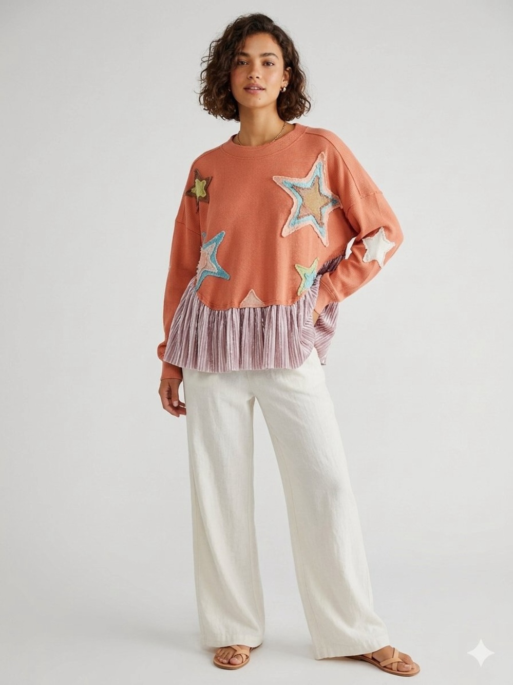 Oli & Hali | Pink Star Patch Waffle-Knit Sweatshirt w/ Pleated Hem Pockets Sz M